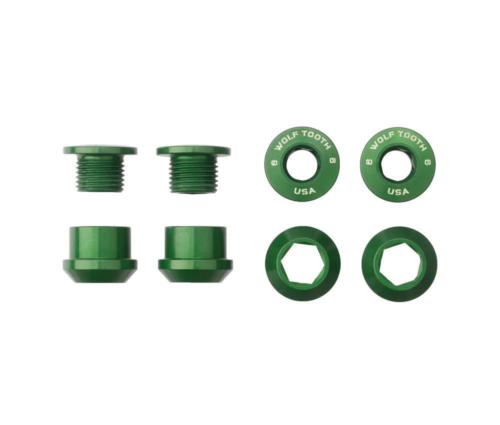 Wolf Tooth Kettenblattschrauben Set - M8x6mm 1-fach 4-Arm Aluminium Gruen 3 Wolf Tooth Kettenblattschrauben Set - M8x6mm 1-fach 4-Arm Aluminium Gruen